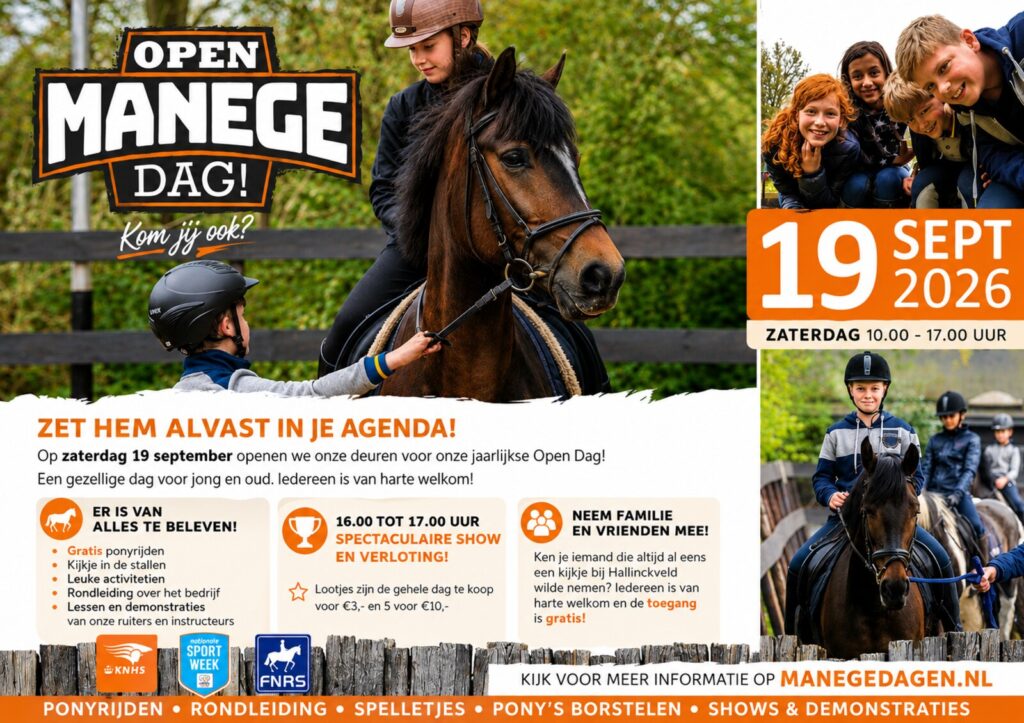 Flyer van de Open Dag bij Manege Hallinckveld op zaterdag 19 september 2026, 10.00 tot 17.00 uur
